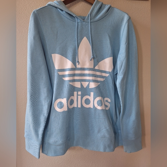 Adidas Light Blue Trefoil Hoodie Sweatshirt Size S Cotton Logo Unisex Oversized - Picture 1 of 6